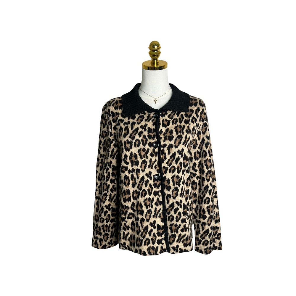 Rafaella Leopard Print Cardigan‎ Sweater Womens Large Wool Blend Button Front L